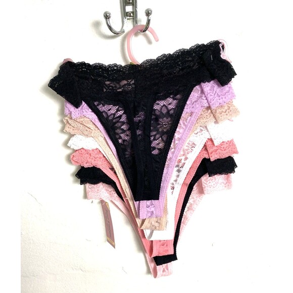 Juicy Couture Floral Lace Thong Size XL Crystal Rhinestone Trim 7 Pack Pink - Picture 2 of 12